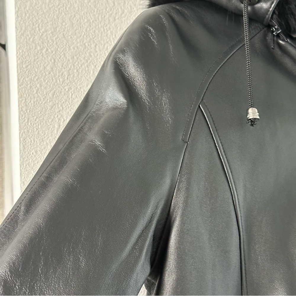 NWT Black Genuine Lambskin Leather Women's Jacket Coat with Faux Fur Trim. PS - Picture 6 of 8